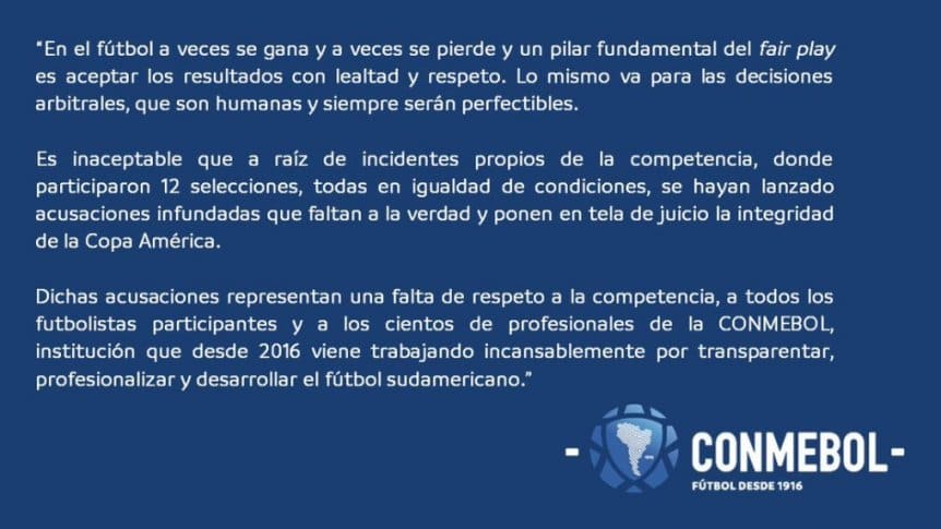 Comunicado de Conmebol después de las acusaciones de Argentina