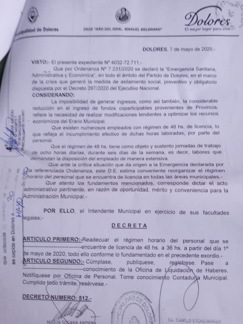 Denuncian que el intendente de Dolores reduce el régimen horario de los empleados municipales