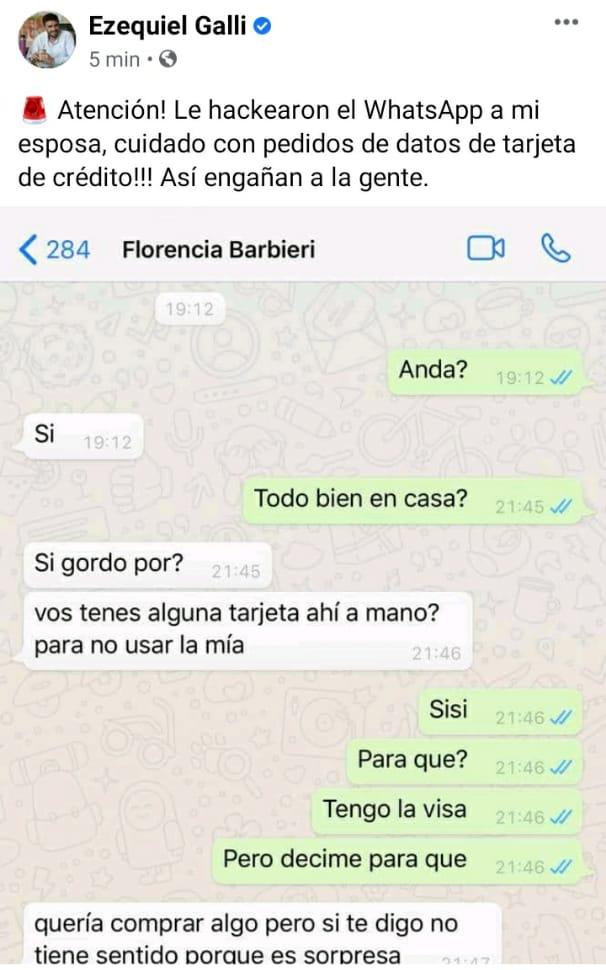 Hackearon el Whatsapp de la esposa de Galli y quisieron estafar al intendente