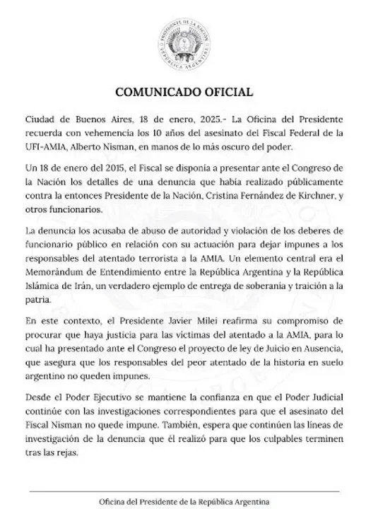 La postura del Gobierno de Milei a 10 años de la muerte de Nisman